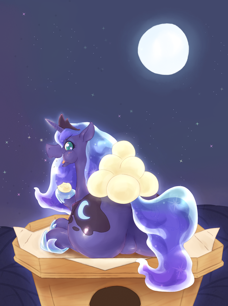 Size: 2183x2938 | Tagged: suggestive, artist:rigi, derpibooru import, princess luna, alicorn, pony, aweeg*, crown, dumplings, eating, female, hoof hold, hoof shoes, jewelry, looking at you, looking back, looking back at you, mare, mochi, moon, open mouth, pixiv, plot, prone, regalia, solo, solo female