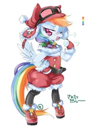 Size: 723x1023 | Tagged: safe, artist:mococo, derpibooru import, rainbow dash, pegasus, pony, bipedal, color palette, female, goggles, mare, open mouth, rainbow dash always dresses in style, shoes, signature, simple background, sneakers, solo, white background