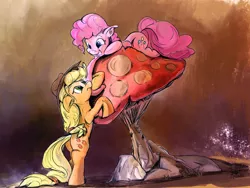 Size: 1600x1202 | Tagged: safe, artist:mozakiaeolus, derpibooru import, applejack, pinkie pie, giant mushroom, mushroom