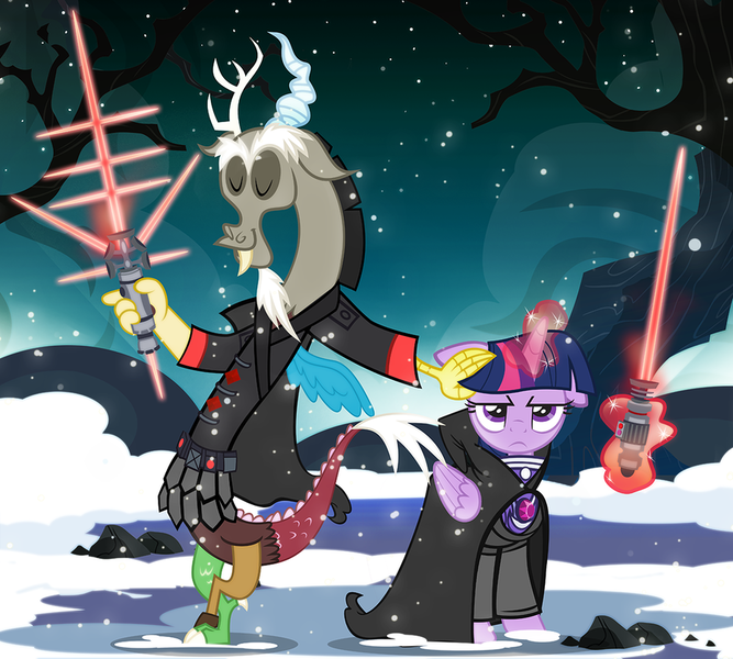 Size: 900x810 | Tagged: safe, artist:pixelkitties, derpibooru import, discord, twilight sparkle, twilight sparkle (alicorn), alicorn, pony, crossguard lightsaber, crossover, eyes closed, female, floppy ears, frown, glowing horn, leaning, lightsaber, magic, mare, meme, sith, smiling, star wars, star wars 7, star wars: the force awakens, telekinesis, twilight is not amused, unamused, weapon