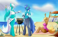 Size: 7000x4487 | Tagged: absurd resolution, anthro, armpits, artist:mleonheart, beach, breasts, clothes, derpibooru import, fallout equestria, fallout equestria: memories, female, grill, nudity, oc, oc:francium, oc:frosty winds, oc:riverbed ransom, strategically covered, suggestive, swimsuit, teasing, unguligrade anthro, unofficial characters only