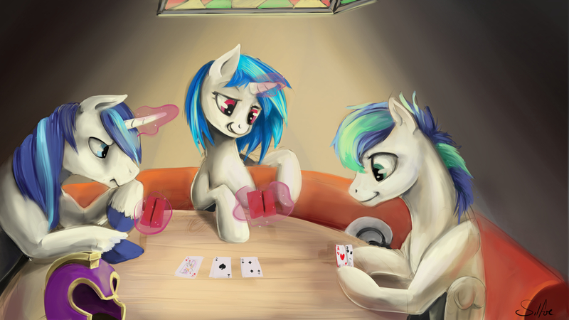 Size: 3840x2160 | Tagged: artist:silfoe, card, commission, derpibooru import, helmet, levitation, magic, poker, royal guard, safe, shining armor, table, vinyl scratch