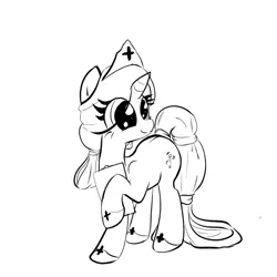 Size: 600x600 | Tagged: safe, artist:celerypony, derpibooru import, oc, oc:celery, unofficial characters only, pony, unicorn, black and white, clipboard, clothes, cross, cute, grayscale, hair bun, hat, hnnng, hoof hold, horseshoes, lineart, long mane, long tail, monochrome, nurse, outfit, raised hoof, shoes, smiling, solo, tail wrap, waifu