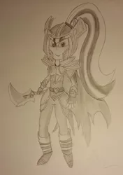 Size: 1928x2744 | Tagged: safe, artist:timanttikoira, derpibooru import, sonata dusk, equestria girls, rainbow rocks, crossover, dota, monochrome, solo, traditional art