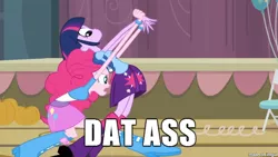 Size: 610x343 | Tagged: safe, derpibooru import, edit, edited screencap, screencap, pinkie pie, twilight sparkle, equestria girls, :o, caption, dat butt, eyes on the prize, female, frown, glare, meme, open mouth, out of context, personal space invasion, wide eyes