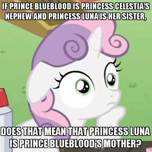 Size: 500x500 | Tagged: derpibooru import, exploitable meme, image macro, meme, prince blueblood, princess celestia, princess luna, safe, solo, sudden clarity sweetie belle, sweetie belle