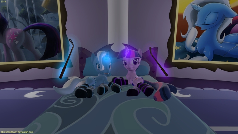 Size: 1600x900 | Tagged: suggestive, derpibooru import, trixie, twilight sparkle, pony, unicorn, 3d, bed, clothes, female, gmod, mare, panties, riding crop, underwear