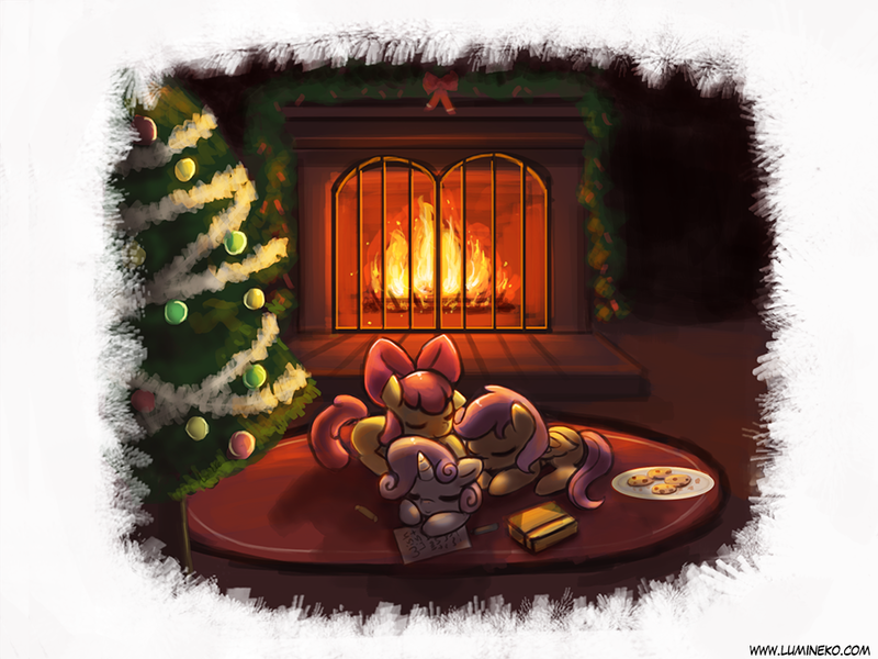 Size: 960x720 | Tagged: apple bloom, artist:lumineko, christmas, cookie, cute, cutie mark crusaders, derpibooru import, eyes closed, fireplace, food, prone, safe, scootaloo, sleeping, sweetie belle, wishlist