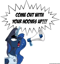 Size: 3000x3200 | Tagged: safe, artist:wandrevieira1994, derpibooru import, princess luna, alicorn, pony, hat, megaphone, police, solo