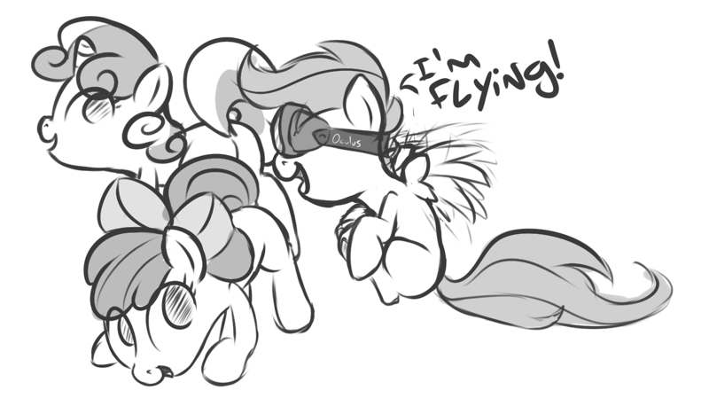 Size: 1280x732 | Tagged: apple bloom, artist:mostazathy, cutie mark crusaders, derpibooru import, goggles, monochrome, oculus rift, safe, scootaloo, scootaloo can fly, sweetie belle