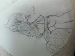 Size: 4160x3120 | Tagged: safe, artist:mang, derpibooru import, pinkie pie, pony, beanie, bipedal, clothes, hat, monochrome, sideways image, solo, traditional art, winter outfit