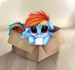 Size: 2733x2550 | Tagged: safe, artist:pridark, derpibooru import, rainbow dash, pegasus, pony, fanfic:my little dashie, box, bronybait, cute, dashabetes, eye reflection, female, filly, filly rainbow dash, hnnng, looking at you, mouth hold, package, pony in a box, pridark is trying to murder us, reflection, solo, underhoof, weapons-grade cute