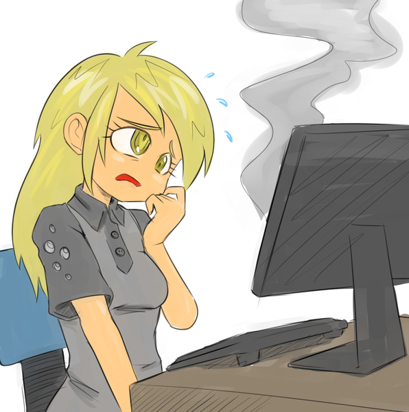 Size: 2002x2017 | Tagged: artist:ereb-tauramandil, computer, confidentially cute, cute, cutey confidential, dead source, derpibooru import, derpy hooves, derpy hooves tech support, female, human, humanized, i just don't know what went wrong, nervous, open mouth, safe, sweat