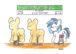 Size: 1991x1430 | Tagged: safe, artist:bobthedalek, derpibooru import, vinyl scratch, pony, unicorn, autons, mannequin, pose, price tag, pun, shop, stool, traditional art