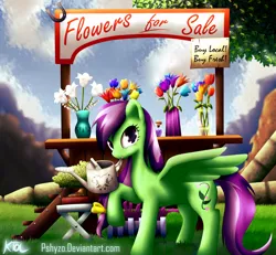 Size: 1600x1481 | Tagged: artist:pshyzomancer, concession stand, derpibooru import, flower, for sale, horseshoes, looking at you, oc, oc:ambrosia, safe, stall, unofficial characters only, watering, watering can