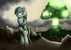 Size: 4000x2800 | Tagged: semi-grimdark, artist:php33, derpibooru import, lyra heartstrings, pony, unicorn, fallout equestria, fanfic, alternate timeline, balefire bomb, bipedal, blood, crying, cut, cutie mark, explosion, fanfic art, female, hooves, horn, injured, mare, megaspell, megaspell explosion, mushroom cloud, nuclear explosion, rock, solo, wasteland