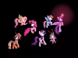 Size: 1024x768 | Tagged: safe, artist:animation100, derpibooru import, applejack, fluttershy, pinkie pie, rainbow dash, rarity, spike, twilight sparkle, twilight sparkle (alicorn), alicorn, pony, black background, female, mane six, mare, simple background, tree branch