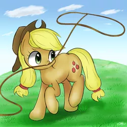 Size: 2000x2000 | Tagged: applejack, artist:jicho, cute, derpibooru import, grass, jackabetes, lasso, looking back, mouth hold, nom, pixiv, raised hoof, raised leg, safe, smiling, solo