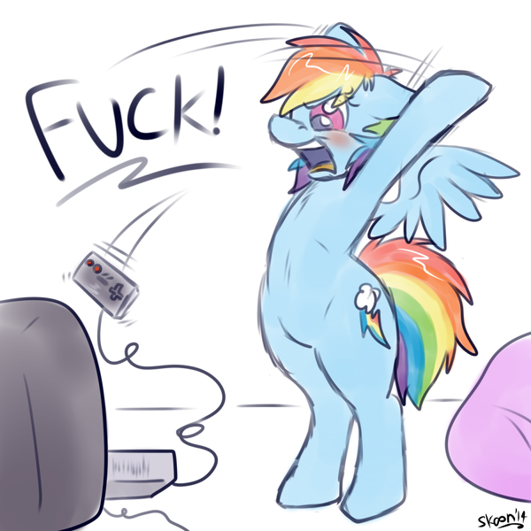 Size: 900x900 | Tagged: safe, artist:skoon, derpibooru import, rainbow dash, pony, angry, bipedal, blushing, controller, floppy ears, fluffy, fuck, glare, nintendo, nintendo entertainment system, open mouth, rage, rage quit, solo, television, vulgar