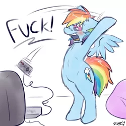 Size: 900x900 | Tagged: safe, artist:skoon, derpibooru import, rainbow dash, pony, angry, bipedal, blushing, controller, floppy ears, fluffy, fuck, glare, nintendo, nintendo entertainment system, open mouth, rage, rage quit, solo, television, vulgar