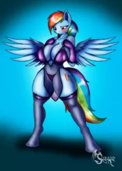 Size: 1480x2072 | Tagged: absolute cleavage, anthro, artist:suirano, big breasts, blushing, breasts, busty rainbow dash, cleavage, clothes, derpibooru import, evening gloves, female, fingerless elbow gloves, fingerless gloves, gloves, long gloves, nudity, rainbow dash, sexy, solo, solo female, spread wings, stupid sexy rainbow dash, suggestive, thigh highs, unguligrade anthro, voluptudash, voluptudash thighs, wide hips, wings