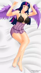 Size: 1080x1920 | Tagged: armpits, artist:evov1, babydoll, babydoll lingerie, barefoot, breasts, busty twilight sparkle, clothes, derpibooru import, feet, female, horned humanization, human, humanized, lingerie, nail polish, nightgown, suggestive, toes, twilight sparkle, twilight sparkle (alicorn), winged humanization