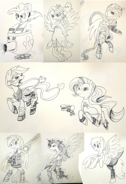 Size: 1024x1501 | Tagged: applejack, artist:tails232323, bowser jr, clothes, cosplay, costume, derpibooru import, derpy hooves, fluttershy, fox mccloud, kid icarus, kid icarus: uprising, koopa clown car, luma, mane six, metroid, monochrome, ninja, pinkie pie, pit (kid icarus), princess luna, rainbow dash, rarity, rosalina, safe, samus aran, sheik, shulk, species swap, spike, star fox, super mario bros., super mario galaxy, super smash bros., super smash bros. 4, the legend of zelda, traditional art, twilight sparkle, twilight sparkle (alicorn), wii fit, wii fit trainer, xenoblade chronicles