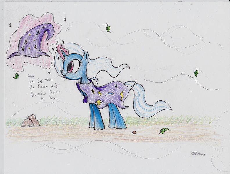 Size: 3368x2552 | Tagged: safe, artist:frikdikulous, derpibooru import, trixie, pony, unicorn, drawing, female, magic, mare, smiling, solo, traditional art