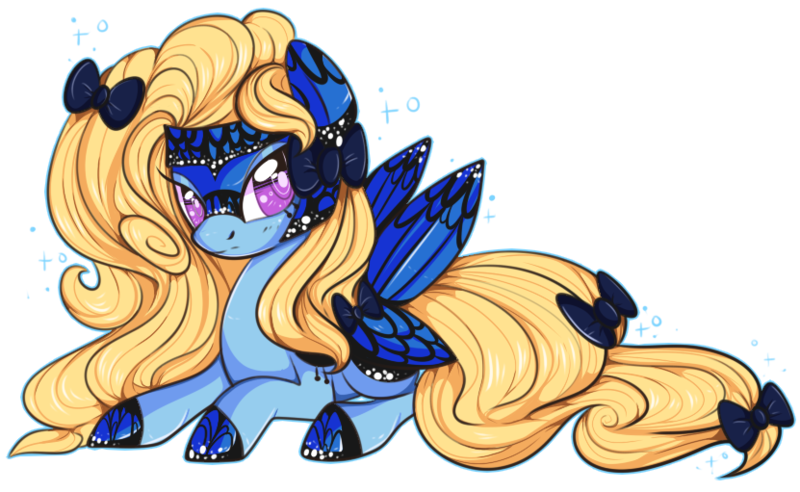 Size: 831x511 | Tagged: safe, artist:suzuii, derpibooru import, oc, oc:blue peleide, unofficial characters only, butterfly, butterfly pony, original species, pony, bow, butterfly wings, prone, simple background, solo, tail bow, transparent background
