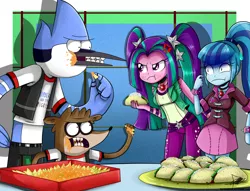 Size: 1338x1023 | Tagged: safe, artist:the-butch-x, derpibooru import, aria blaze, sonata dusk, equestria girls, rainbow rocks, crossover, mordecai, mordecai and rigby, nachos, regular show, rigby, sonataco, taco