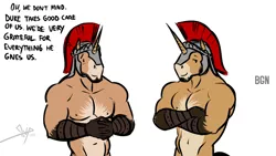 Size: 900x506 | Tagged: anthro, artist:bgn, derpibooru import, duo, duo male, helmet, looking at you, male, muscles, oc, oc:fidelis, oc:valens, royal guard, safe, smiling