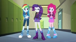 Size: 4001x2218 | Tagged: safe, artist:bubblestormx, derpibooru import, pinkie pie, rainbow dash, rarity, equestria girls, rainbow rocks, alternate universe, balloon, boots, clothes, gem, high heel boots, jewelry, role reversal, siren gem, skirt, the dazzlings