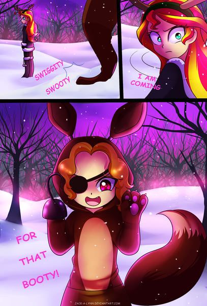 Size: 1887x2782 | Tagged: safe, artist:jacky-bunny, derpibooru import, adagio dazzle, sunset shimmer, fox, moose, equestria girls, rainbow rocks, adoragio, clothes, costume, crossover, cute, eyes on the prize, fangs, five nights at freddy's, foxy, frown, open mouth, pirate, smiling, snow, snowfall, swiggity swag, swiggity swooty, wide eyes, winter