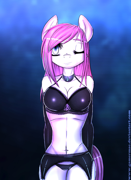 Size: 800x1100 | Tagged: anthro, artist:gamermac, belly button, bra, breasts, cameltoe, cleavage, clothes, evening gloves, female, garter belt, lace, latex, lingerie, panties, pinkamena diane pie, pinkie pie, questionable, solo, solo female, underwear, wink