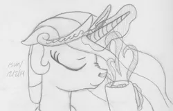 Size: 1020x651 | Tagged: safe, artist:slash-sun-slash, derpibooru import, princess celestia, celestiadoodle, coffee mug, eyes closed, hot chocolate, monochrome, sketch, solo, traditional art