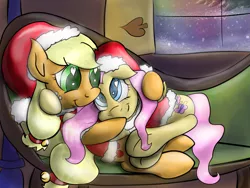 Size: 2663x2006 | Tagged: safe, artist:manfartwish, derpibooru import, applejack, fluttershy, appleshy, christmas, female, heart eyes, lesbian, shipping, wingding eyes