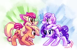 Size: 1280x835 | Tagged: safe, artist:whitediamonds, derpibooru import, apple bloom, applejack, rarity, sweetie belle, earth pony, pony, unicorn, bedroom eyes, cute, eye contact, female, filly, freckles, glare, hatless, lesbian, looking at each other, mare, missing accessory, open mouth, ponies riding ponies, rarijack, rarijack daily, shipping, sisters, smiling, underhoof, weapons-grade cute