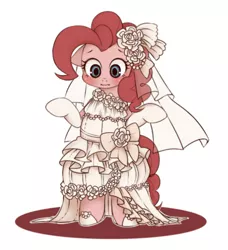 Size: 562x616 | Tagged: safe, artist:umeguru, derpibooru import, pinkie pie, pony, bipedal, blushing, bride, clothes, dress, floppy ears, pixiv, solo, wavy mouth, wedding dress