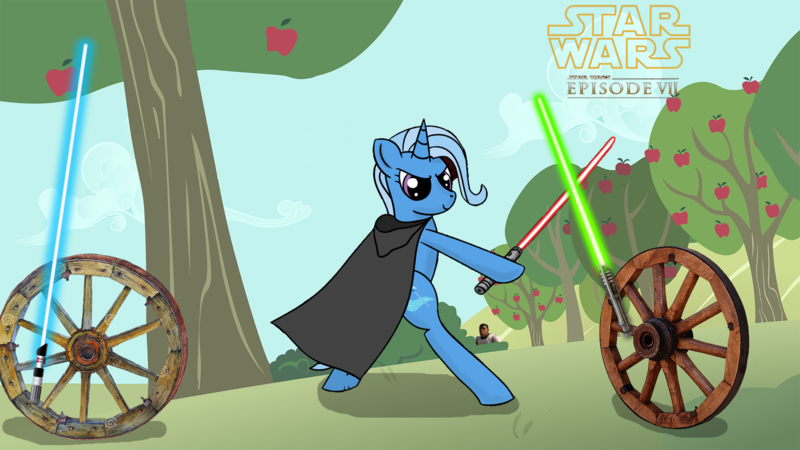 Size: 1920x1080 | Tagged: safe, artist:waterlooart, derpibooru import, edit, trixie, pony, bipedal, cloak, clothes, lightsaber, star wars, star wars 7, wheel, wheels trixie