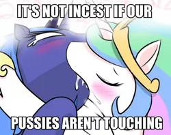 Size: 700x555 | Tagged: artist:phoenixperegrine, blushing, crying, derpibooru import, drool, eyes closed, female, image macro, incest, kissing, lesbian, meme, not incest, pixiv, princess celestia, princess luna, princest, shipping, sloppy kissing, suggestive