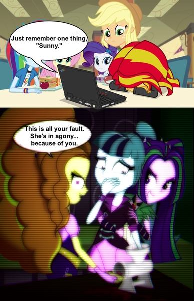 Size: 960x1487 | Tagged: grimdark, artist:ohohokapi, deleted from derpibooru, derpibooru import, adagio dazzle, applejack, aria blaze, rarity, sonata dusk, sunset shimmer, equestria girls, rainbow rocks, abuse, blood, computer, edgy, imminent death, laptop computer, literal sonataco, meat grinder, out of context, photoshop, revenge by proxy, sad, shipping, snuff film, sonatabuse, sunata, thinkpad, torture, video