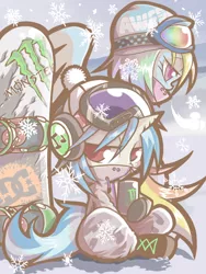 Size: 768x1024 | Tagged: artist:fr3, clothes, derpibooru import, goggles, pixiv, rainbow dash, safe, snow, snowboard, snowfall, vinyl scratch