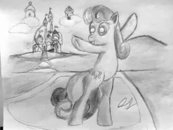 Size: 2560x1920 | Tagged: safe, artist:heromewtwo, artist:thegreatmewtwo, derpibooru import, bon bon, sweetie drops, pony, bipedal, candy castle, candyland, dancing, monochrome, solo, traditional art