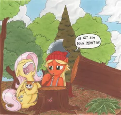 Size: 2334x2226 | Tagged: safe, artist:mohawkrex, derpibooru import, applejack, fluttershy, cat, axe, lumberjack, timber, tree