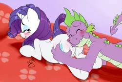 Size: 1200x804 | Tagged: suggestive, artist:pia-sama, derpibooru import, rarity, spike, dragon, pony, unicorn, adult spike, blushing, butt grab, butt pillow, butthug, dragon on pony action, faceful of ass, female, grope, hand on butt, interspecies, male, older, plot, shipping, sparity, straight, tell me your secrets