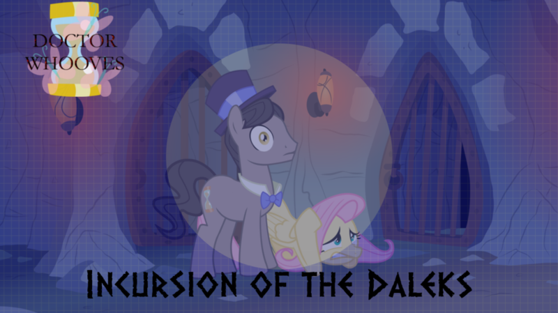 Size: 1024x575 | Tagged: artist:alkonium, artist:gray--day, artist:guillex3, artist:theevilflashanimator, cave, dalek, doctor who, doctor whooves, dungeon, eleventh doctor, fluttershy, raggedy doctor, safe, time turner