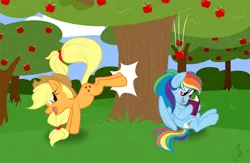 Size: 900x585 | Tagged: apple, apple/apples falling, applebucking, applejack, artist:masqueadrift, book, derpibooru import, rainbow dash, reading, safe, tree