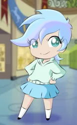 Size: 703x1136 | Tagged: safe, artist:taekwon-magic, derpibooru import, oc, oc:frozen rose, unofficial characters only, equestria girls, chibi, clothes, cute, looking at you, skirt, smiling, socks, solo, sweater