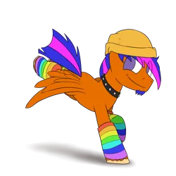 Size: 1280x1280 | Tagged: safe, artist:timsplosion, derpibooru import, oc, oc:scribbsie, unofficial characters only, pegasus, pony, beanie, clothes, collar, goatee, hat, leg warmers, no pupils, rainbow socks, simple background, socks, solo, striped socks, transparent background, unshorn fetlocks