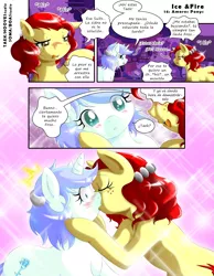 Size: 2551x3295 | Tagged: artist:boastudio, artist:taekwon-magic, comic, derpibooru import, drunk, female, kissing, lesbian, oc, oc:frozen rose, oc:taekwon magic, spanish, suggestive, surprise kiss, translated in the description, unofficial characters only